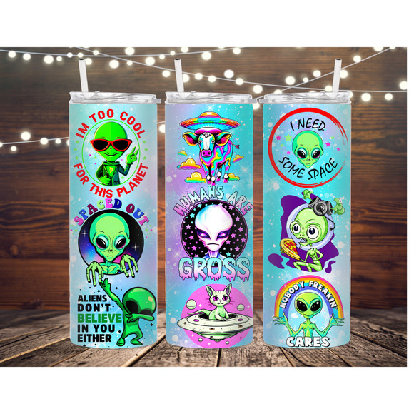 handmade Other - Rainbow neon alien insulated metal tumbler, ufo, alien, stainless steel, cup